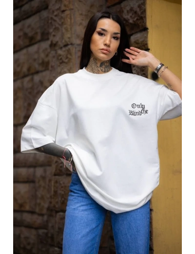 kadın Bisiklet Yaka Baskılı Oversize T-Shirt - Beyaz