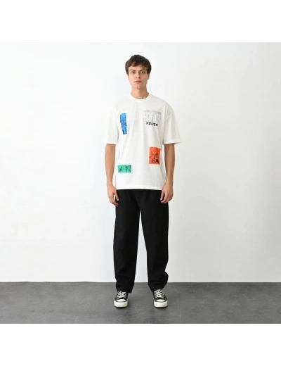 Erkek  Bisiklet Yaka Baskılı Oversize T-Shirt - Beyaz