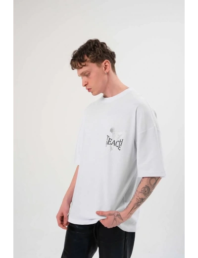Erkek Bisiklet Yaka Baskılı Oversize T-Shirt - Beyaz