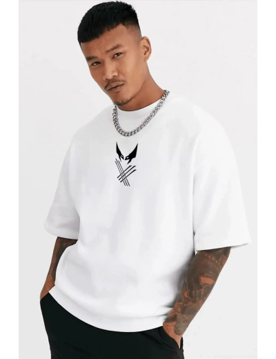 ERKEK Bisiklet Yaka Baskılı Oversize T-Shirt - Beyaz