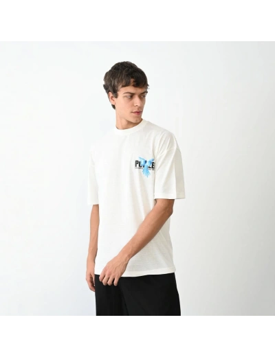 Erkek Bisiklet Yaka Baskılı Oversize T-Shirt - Beyaz
