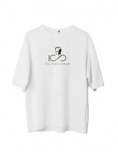 Erkek  Bisiklet Yaka Baskılı Oversize T-Shirt - Beyaz