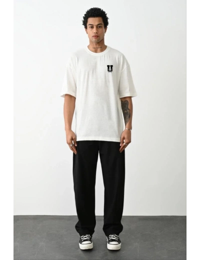 Erkek  Bisiklet Yaka Baskılı Oversize T-Shirt - Beyaz