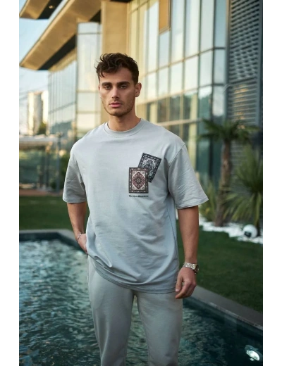 ERKEK Bisiklet Yaka kilim Baskılı Oversize T-Shirt - Boyalı Gri