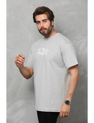 Erkek  Bisiklet Yaka Baskılı Oversize T-Shirt - Gri