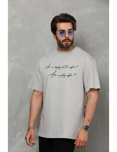 Erkek  Bisiklet Yaka Baskılı Oversize T-Shirt - Gri