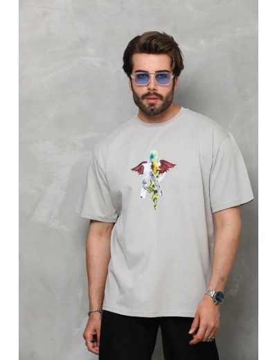 Erkek Bisiklet Yaka Baskılı T-Shirt - Gri
