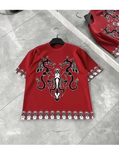 Unisex Bisiklet Yaka Baskılı Oversize T-Shirt - Kırmızı