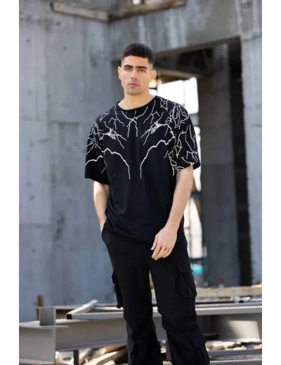 Unisex Bisiklet Yaka Baskılı Oversize T-Shirt - Siyah