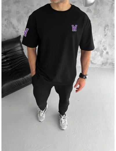 Erkek Bisiklet Yaka Baskılı Oversize T-Shirt - Siyah