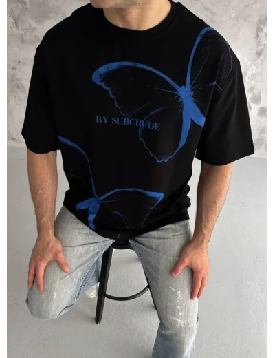 Unisex Bisiklet Yaka Baskılı Oversize T-Shirt - Siyah