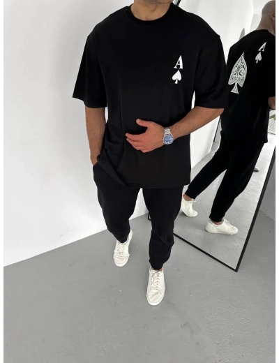 Erkek Bisiklet Yaka Baskılı Oversize T-Shirt - Siyah