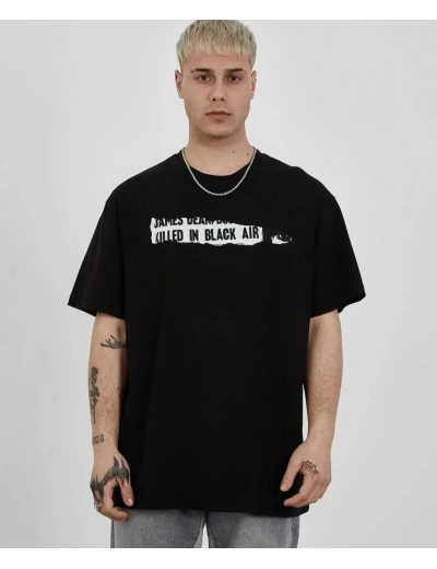 ERKEK Bisiklet Yaka Baskılı Oversize T-Shirt - Siyah