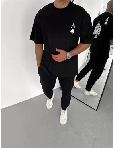 Unisex Bisiklet Yaka Baskılı Oversize T-Shirt - Siyah