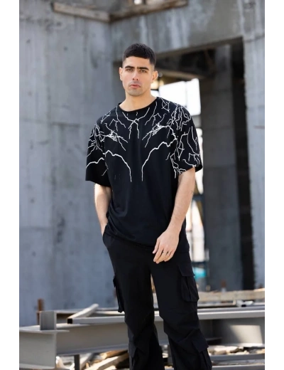 ERKEK Bisiklet Yaka Baskılı Oversize T-Shirt - Siyah