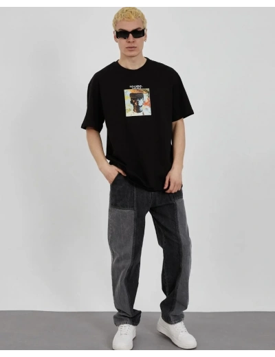 ERKEK Bisiklet Yaka Baskılı Oversize T-Shirt - Siyah