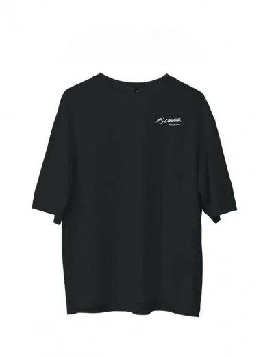 Unisex Bisiklet Yaka Baskılı Oversize T-Shirt - Siyah