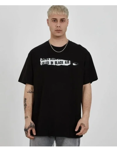 Unisex Bisiklet Yaka Baskılı Oversize T-Shirt - Siyah