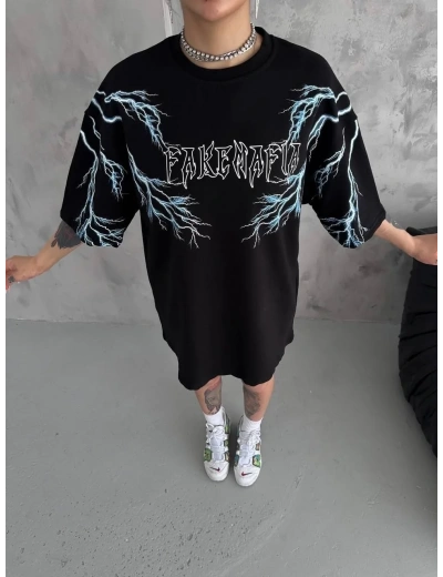 Kadın Bisiklet Yaka Yıldırım Baskılı Oversize T-Shirt - Siyah