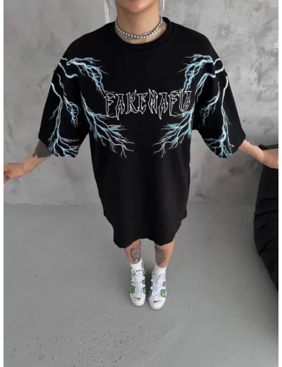 Unisex Bisiklet Yaka Baskılı Oversize T-Shirt - Siyah