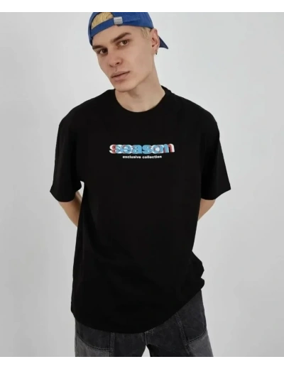 Unisex Bisiklet Yaka Baskılı Oversize T-Shirt - Siyah