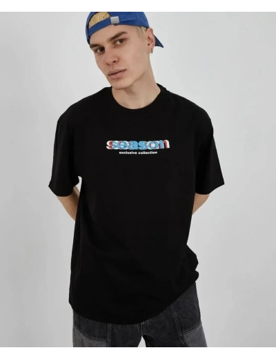 ERKEK Bisiklet Yaka Baskılı Oversize T-Shirt - Siyah