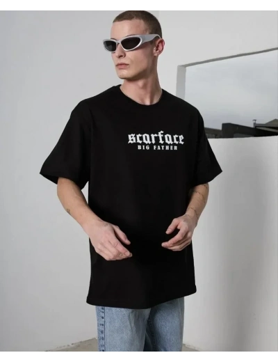 Unisex Bisiklet Yaka Baskılı Oversize T-Shirt - Siyah