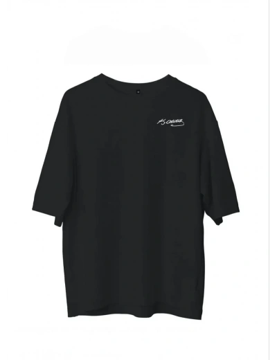 Erkek Bisiklet Yaka Baskılı Oversize T-Shirt - Siyah
