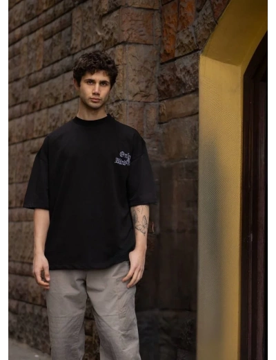 Erkek Bisiklet Yaka Baskılı Oversize T-Shirt - Siyah