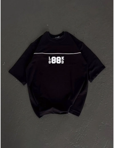 kadın  Bisiklet Yaka Baskılı Oversize T-Shirt - Siyah