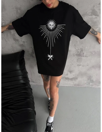 kadın Bisiklet Yaka Baskılı Oversize T-Shirt - Siyah