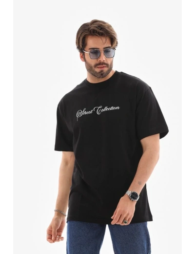Erkek Kısa Kol Yazlık Tişört Bisiklet Yaka Baskılı Oversize T-Shirt - Siyah