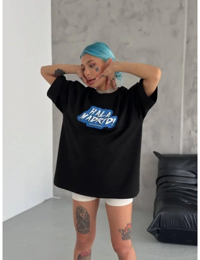kadın  Bisiklet Yaka Baskılı Oversize T-Shirt - Siyah