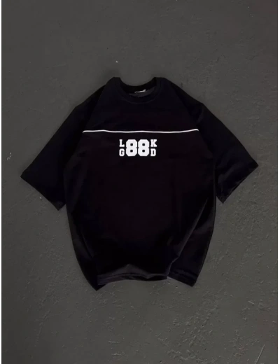 Unisex Bisiklet Yaka Baskılı Oversize T-Shirt - Siyah