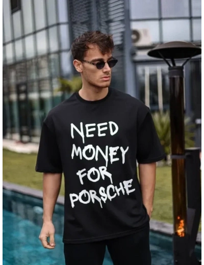 Unisex Bisiklet Yaka Baskılı Oversize T-Shirt - Siyah