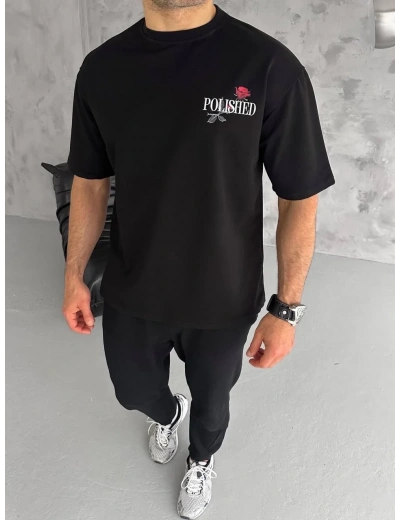 Erkek  Bisiklet Yaka Baskılı Oversize T-Shirt - Siyah