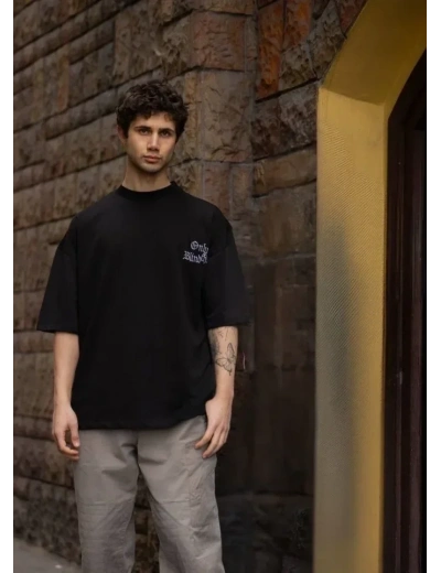 Unisex Bisiklet Yaka Baskılı Oversize T-Shirt - Siyah