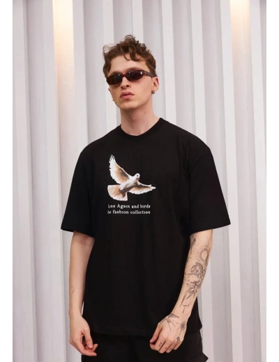 ERKEK Bisiklet Yaka Baskılı Oversize T-Shirt - Siyah