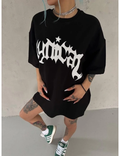 kadın  Bisiklet Yaka Baskılı Oversize T-Shirt - Siyah