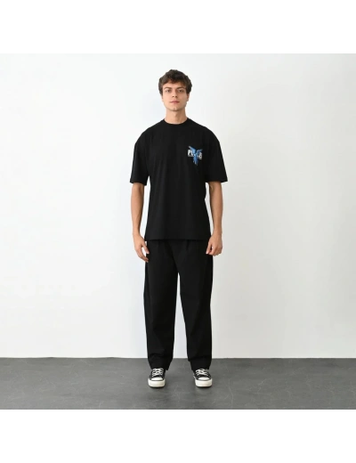 ERKEK Bisiklet Yaka Baskılı Oversize T-Shirt - Siyah