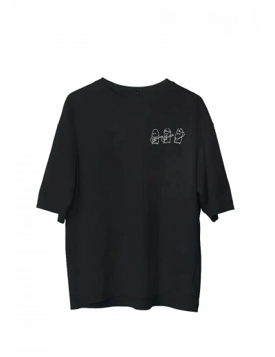 Erkek  Bisiklet Yaka Baskılı Oversize T-Shirt - Siyah