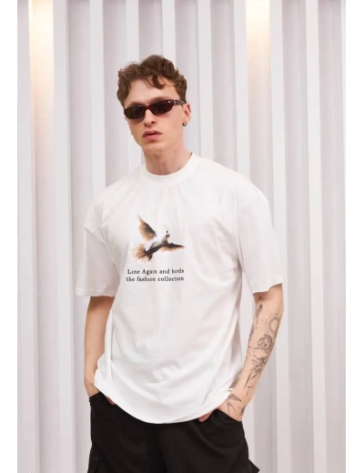 Erkek Bisiklet Yaka Baskılı Oversize T-Shirt - Siyah