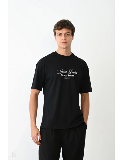 ERKEK Bisiklet Yaka Baskılı Oversize T-Shirt - Siyah