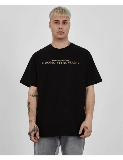 ERKEK Bisiklet Yaka Baskılı Oversize T-Shirt - Siyah