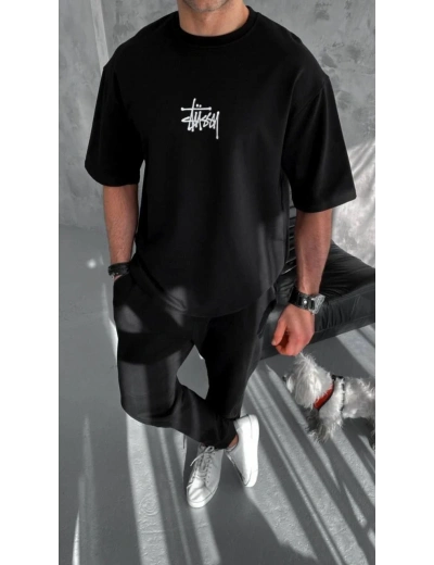 ERKEK Bisiklet Yaka Baskılı Oversize T-Shirt - Siyah