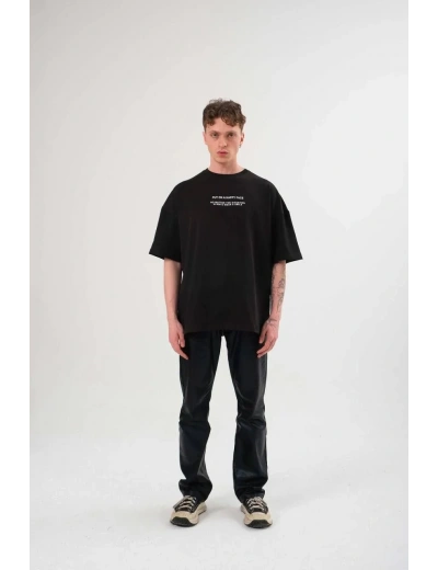 Erkek Bisiklet Yaka Baskılı Oversize T-Shirt - Siyah
