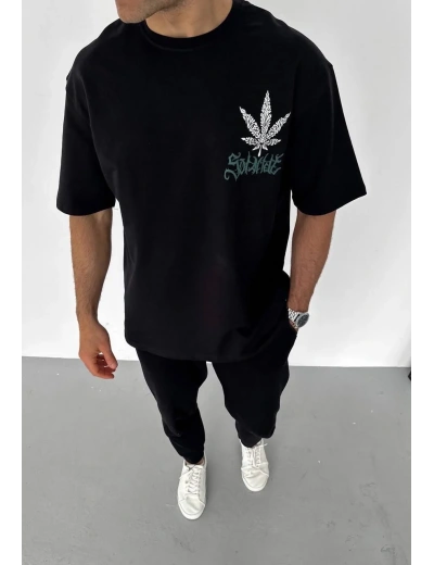 ERKEK Bisiklet Yaka Baskılı Oversize T-Shirt - Siyah