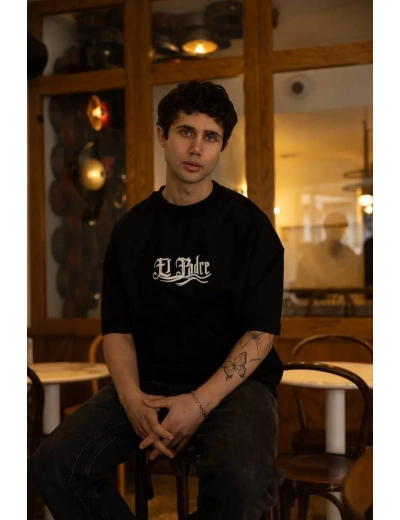 Erkek Bisiklet Yaka Baskılı Oversize T-Shirt - Siyah