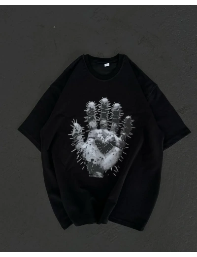 Kadın Bisiklet Yaka Baskılı Oversize T-Shirt - Siyah