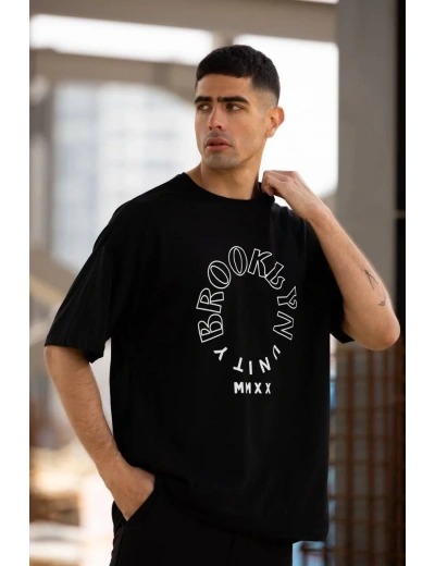 Unisex Bisiklet Yaka Baskılı Oversize T-Shirt - Siyah